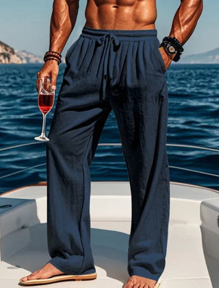 Pantaloni uomo blu navy con coulisse in vita e pieghe morbide sul davanti