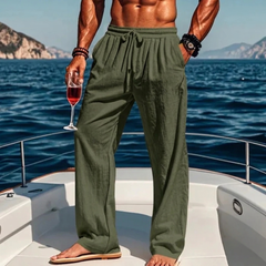 Pantaloni uomo verde militare a gamba larga con laccetto in vita