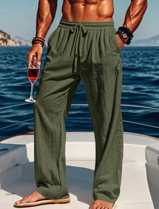 Pantaloni uomo verde militare a gamba larga con laccetto in vita