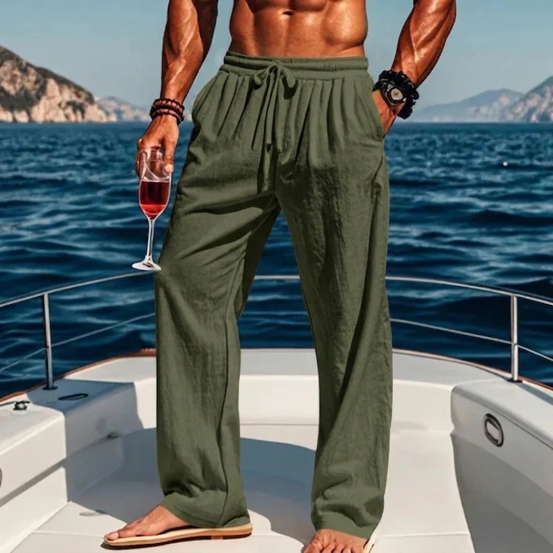 Pantaloni uomo verde militare a gamba larga con laccetto in vita