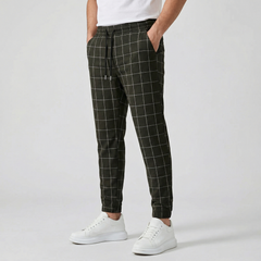 Pantaloni uomo jogger verde militare a quadri con coulisse in vita e polsini elasticizzati