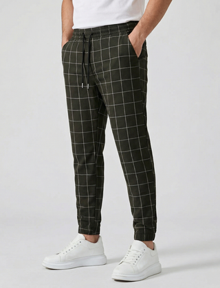 Pantaloni uomo jogger verde militare a quadri con coulisse in vita e polsini elasticizzati