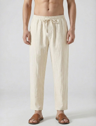 Pantaloni uomo beige dritti con coulisse in vita e lunghezza alla caviglia