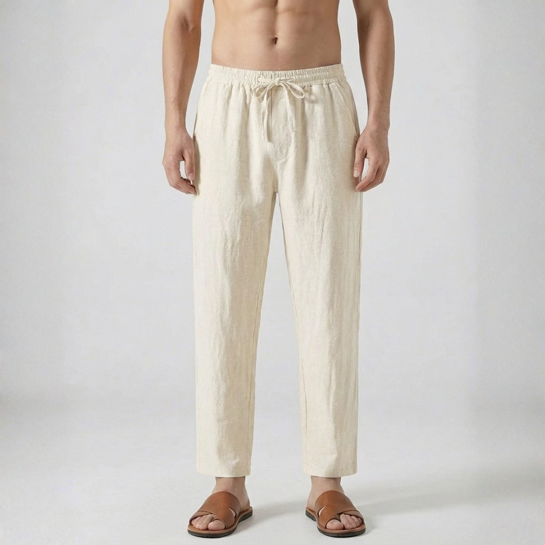 Pantaloni uomo beige dritti con coulisse in vita e lunghezza alla caviglia