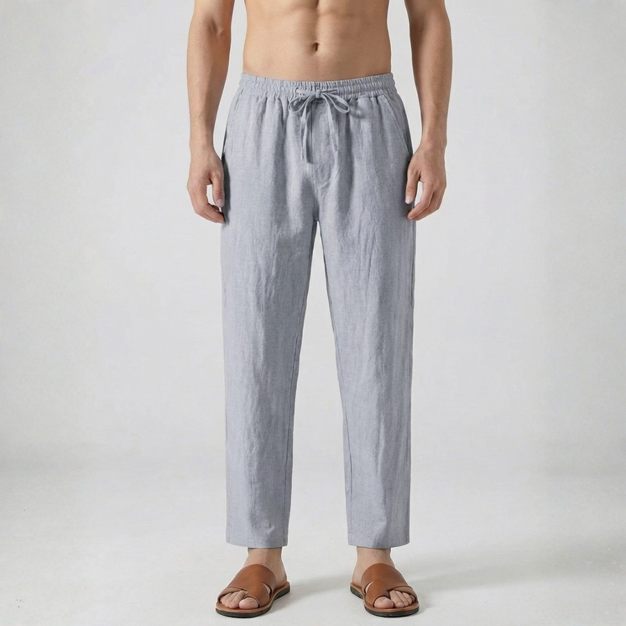 Pantaloni uomo grigio chiaro con vita elastica, tasche laterali e gamba dritta