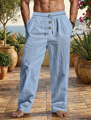Pantaloni uomo azzurri leggeri con cordoncino regolabile e bottoni sul davanti
