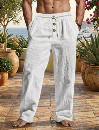 Pantaloni uomo bianchi estivi con bottoni a contrasto e ampie tasche laterali
