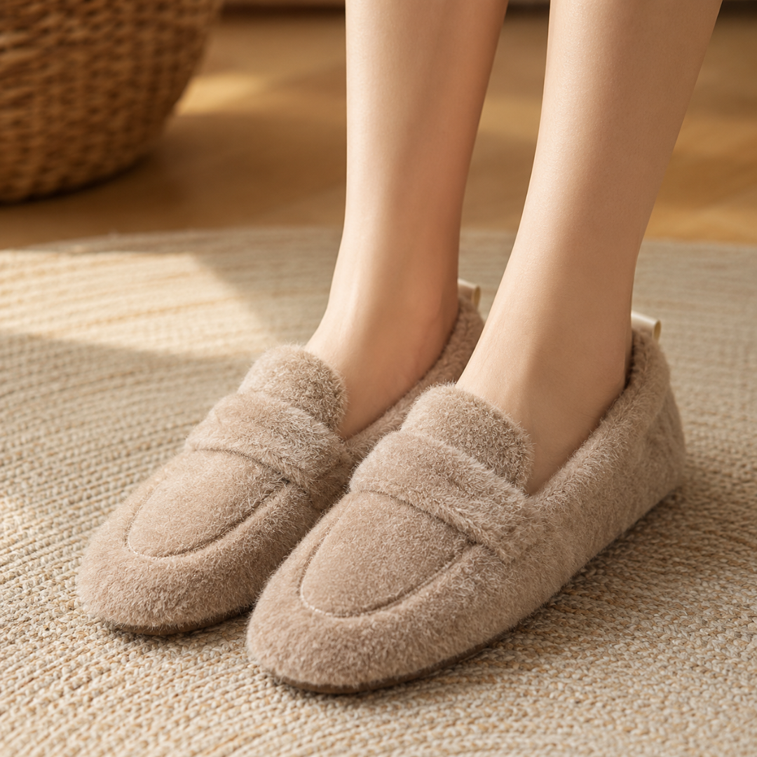 Pantofole donna beige in stile mocassino con fascia frontale e punta tonda