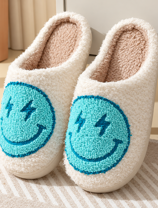 Pantofole donna con smiley blu su base chiara e bordo avvolgente