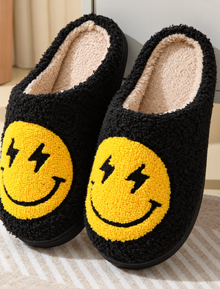 Pantofole donna nere con grande smiley giallo e interno chiaro