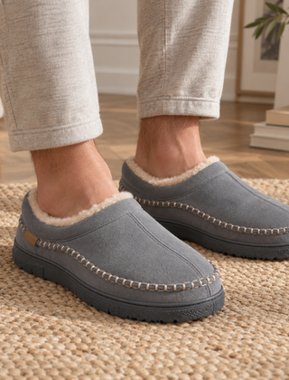 Pantofole uomo grigie in stile mocassino con fascia chiara e suola scura