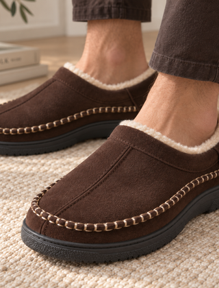 Pantofole uomo marrone scuro in stile mocassino con cuciture a contrasto su tappeto chiaro