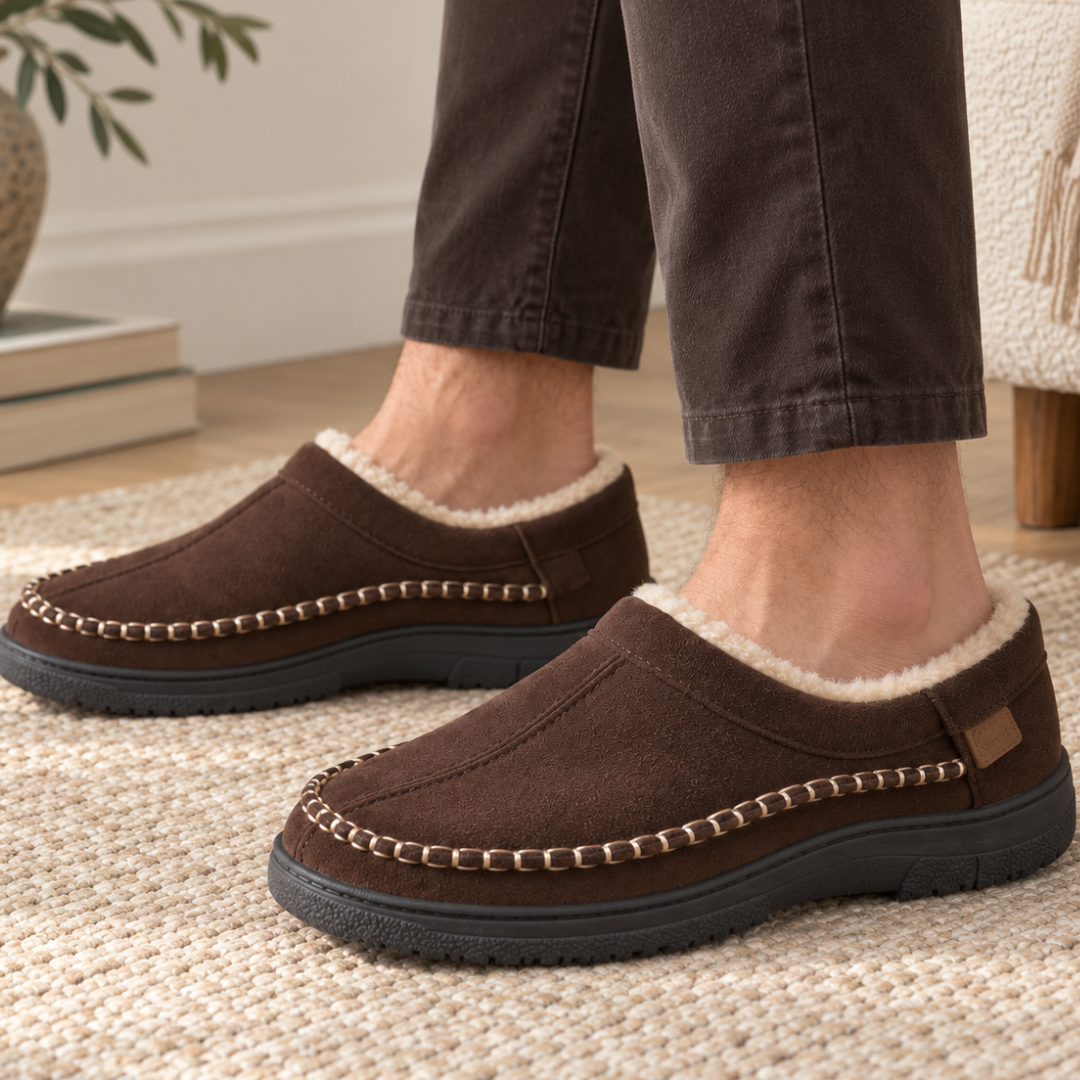 Paio di pantofole uomo marrone scuro indossate con pantaloni scuri su tappeto intrecciato