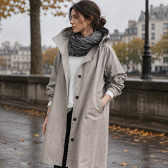 Parka donna beige e grigio con collo alto e chiusura a bottoni a vista