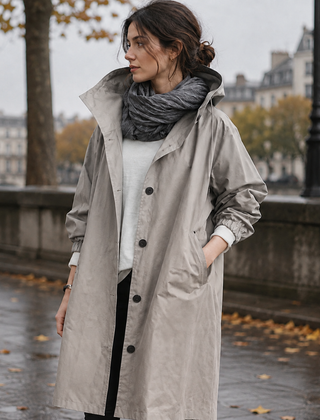 Parka donna beige e grigio con collo alto e chiusura a bottoni a vista