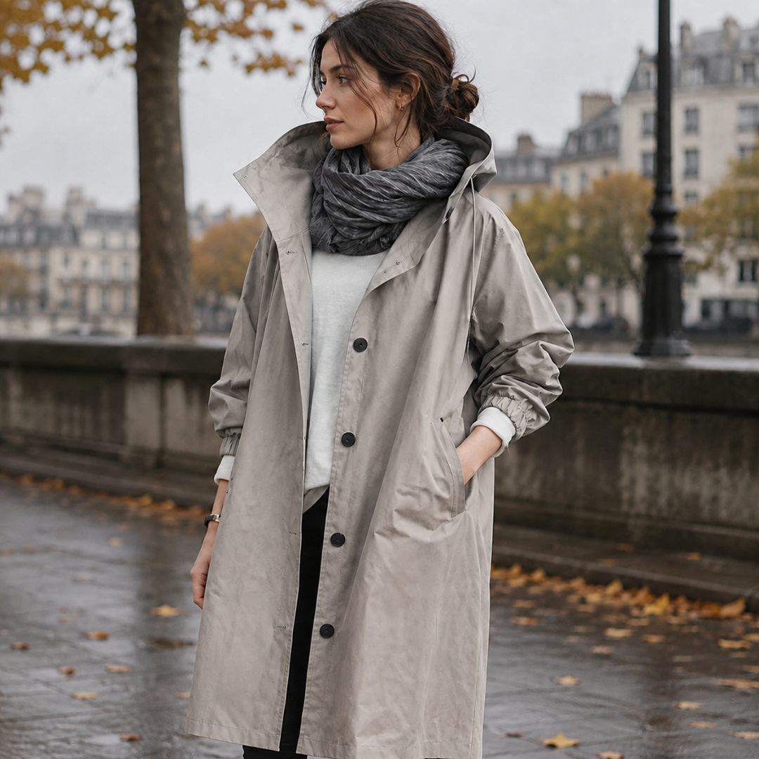 Parka donna beige e grigio con collo alto e chiusura a bottoni a vista