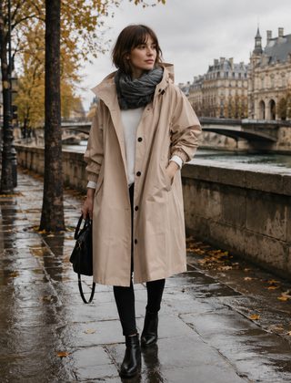 Parka donna beige con cappuccio e tasche laterali lungo il fiume in autunno