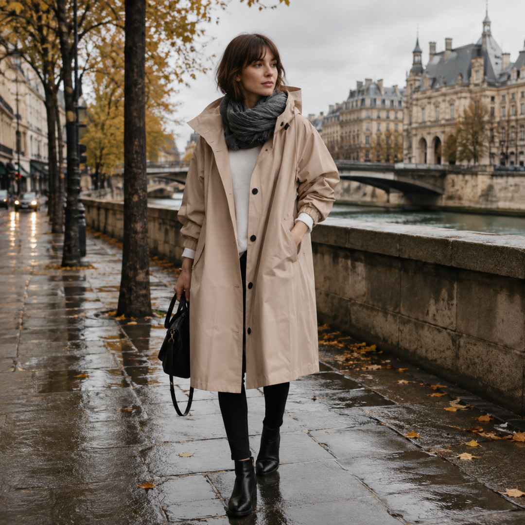 Parka donna beige con cappuccio e tasche laterali lungo il fiume in autunno