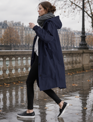 Parka donna blu navy visto di profilo con cappuccio e tasca laterale