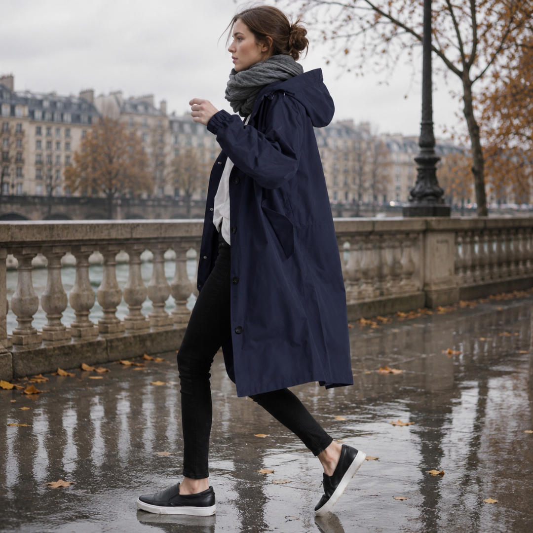 Parka donna blu navy visto di profilo con cappuccio e tasca laterale