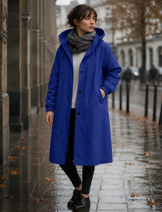 Parka donna blu royal lungo con cappuccio e chiusura a bottoni sul davanti