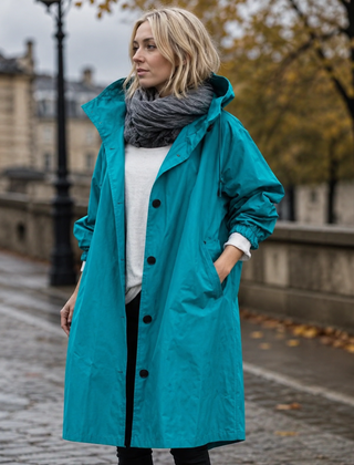 Parka donna celeste lungo con cappuccio ampio e tasche laterali sui fianchi