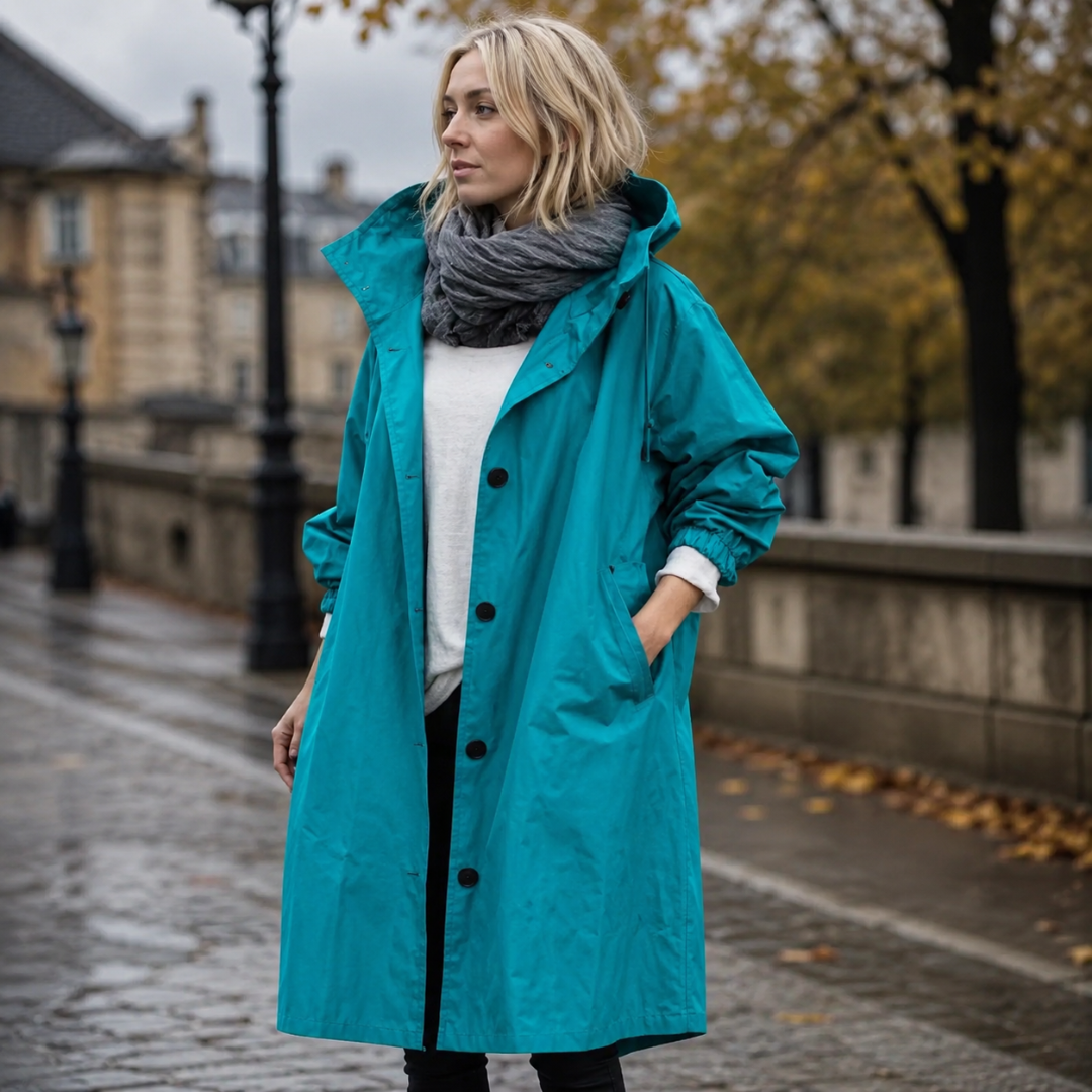 Parka donna celeste lungo con cappuccio ampio e tasche laterali sui fianchi