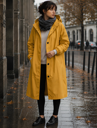 Parka donna giallo con cappuccio, collo alto e linea ampia sotto il ginocchio
