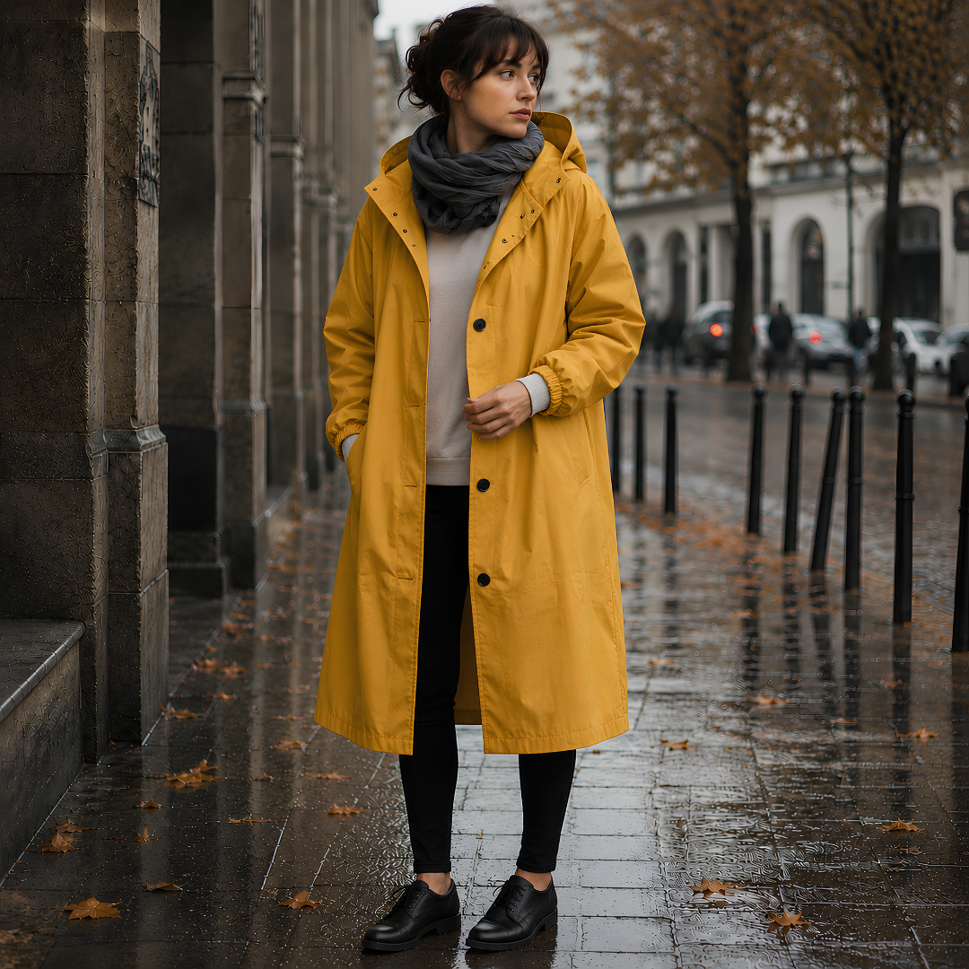 Parka donna giallo con cappuccio, collo alto e linea ampia sotto il ginocchio