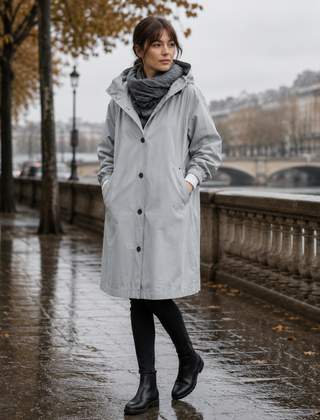 Parka donna grigio chiaro lungo con cappuccio e maniche dai polsini arricciati