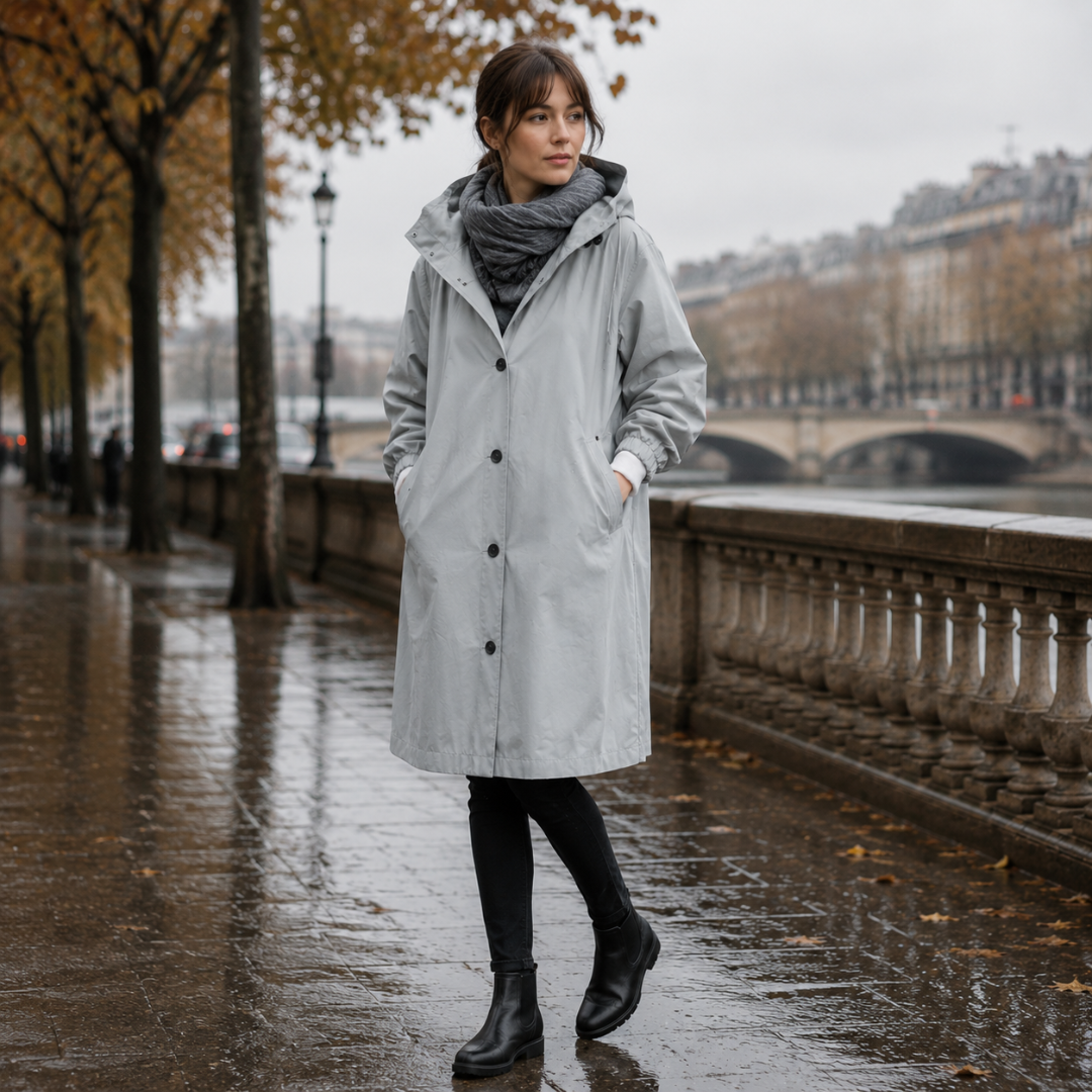 Parka donna grigio chiaro lungo con cappuccio e maniche dai polsini arricciati