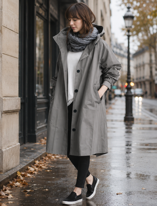 Parka donna grigio scuro con cappuccio e bottoni scuri, mani in tasca