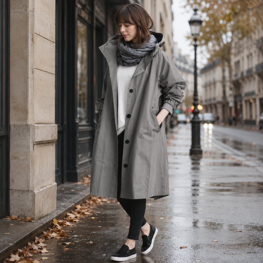 Parka donna grigio scuro con cappuccio e bottoni scuri, mani in tasca