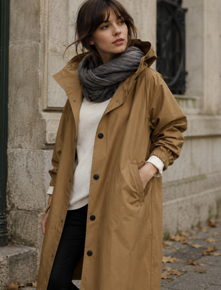 Parka donna kaki con cappuccio, tasche laterali e polsini arricciati
