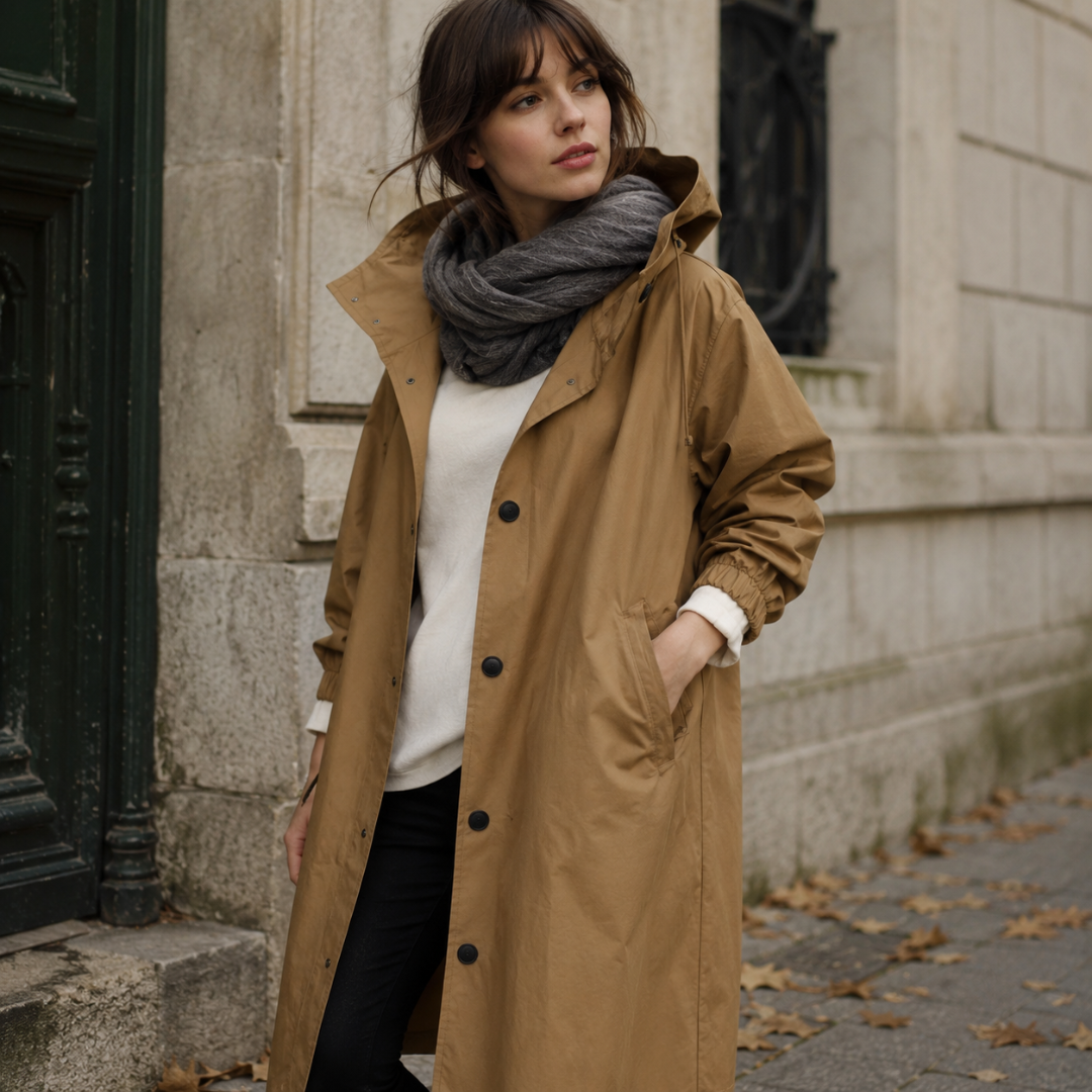 Parka donna kaki con cappuccio, tasche laterali e polsini arricciati