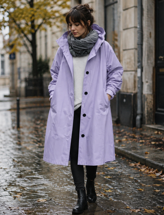 Parka donna lilla lungo con cappuccio e bottoni scuri, abbinato a stivaletti neri