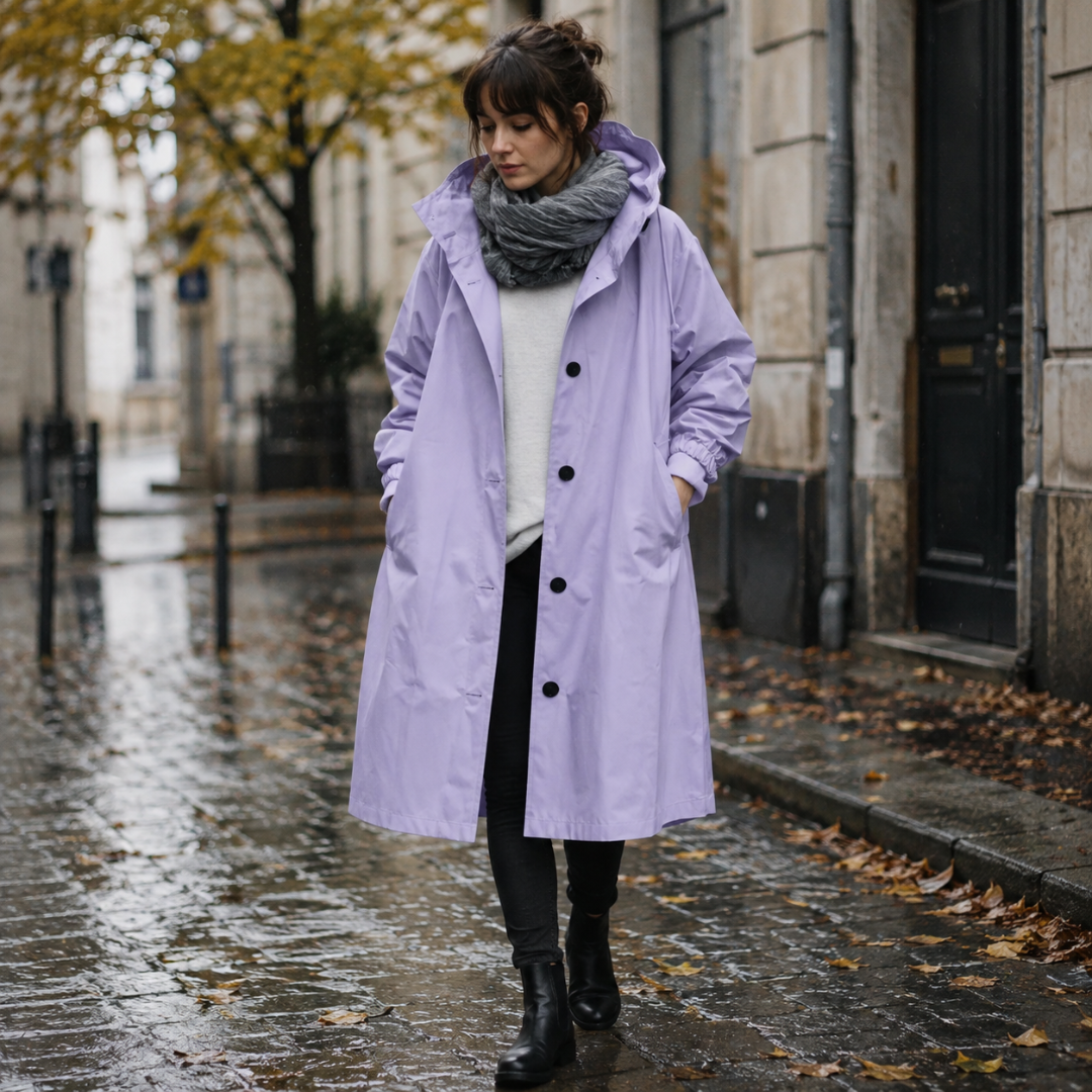 Parka donna lilla lungo con cappuccio e bottoni scuri, abbinato a stivaletti neri