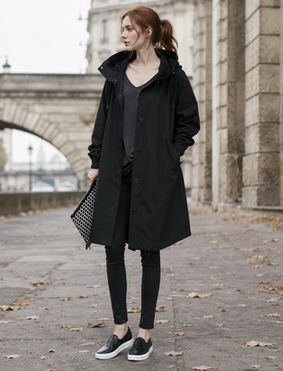 Parka donna nero lungo con cappuccio e chiusura a bottoni, look total black