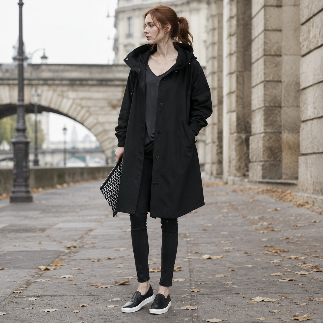 Parka donna nero lungo con cappuccio e chiusura a bottoni, look total black
