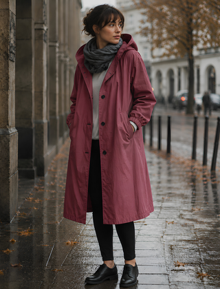 Parka donna rosa scuro con cappuccio, bottoni a vista e tasche laterali