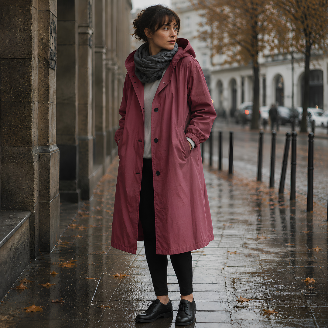 Parka donna rosa scuro con cappuccio, bottoni a vista e tasche laterali
