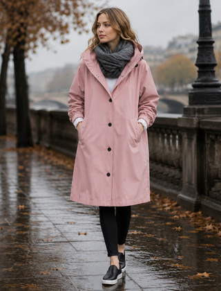 Parka donna rosa lungo con cappuccio, indossato su leggings neri e sneakers