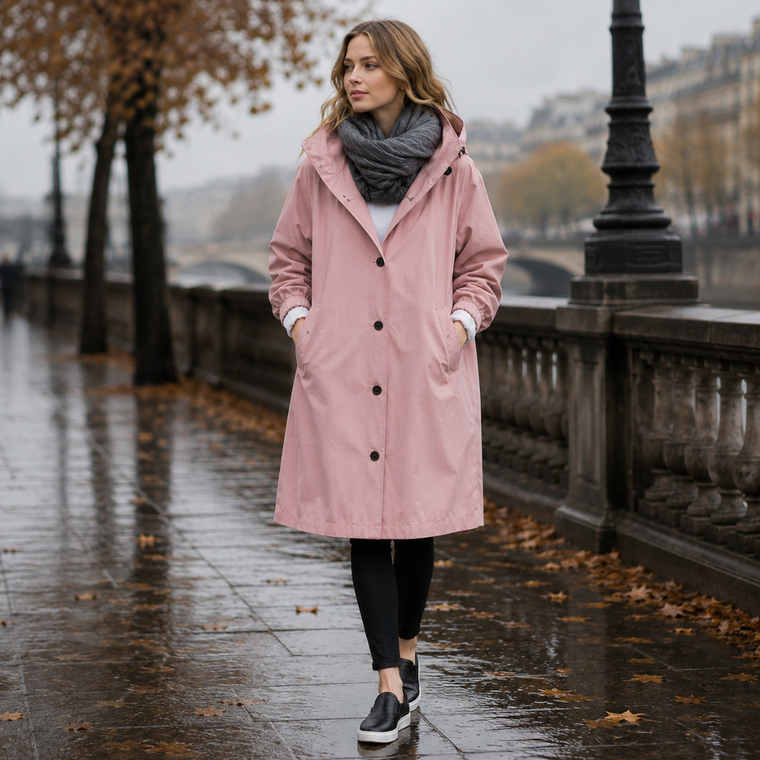 Parka donna rosa lungo con cappuccio, indossato su leggings neri e sneakers
