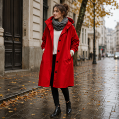 Parka donna rosso con collo alto, cappuccio e maniche dai polsini arricciati