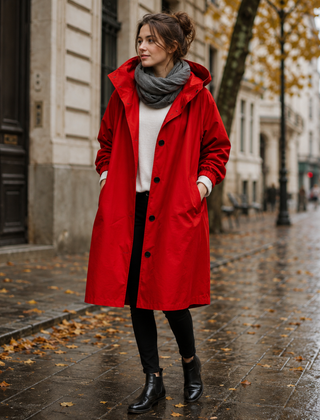 Parka donna rosso con collo alto, cappuccio e maniche dai polsini arricciati