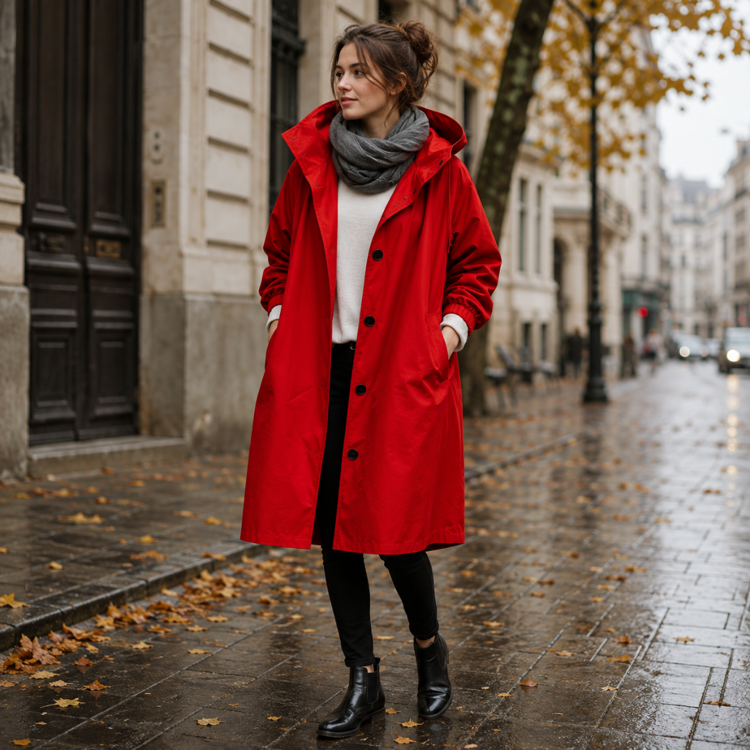 Parka donna rosso con collo alto, cappuccio e maniche dai polsini arricciati