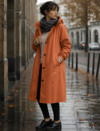 Parka donna terracotta lungo con cappuccio e bottoni neri a vista