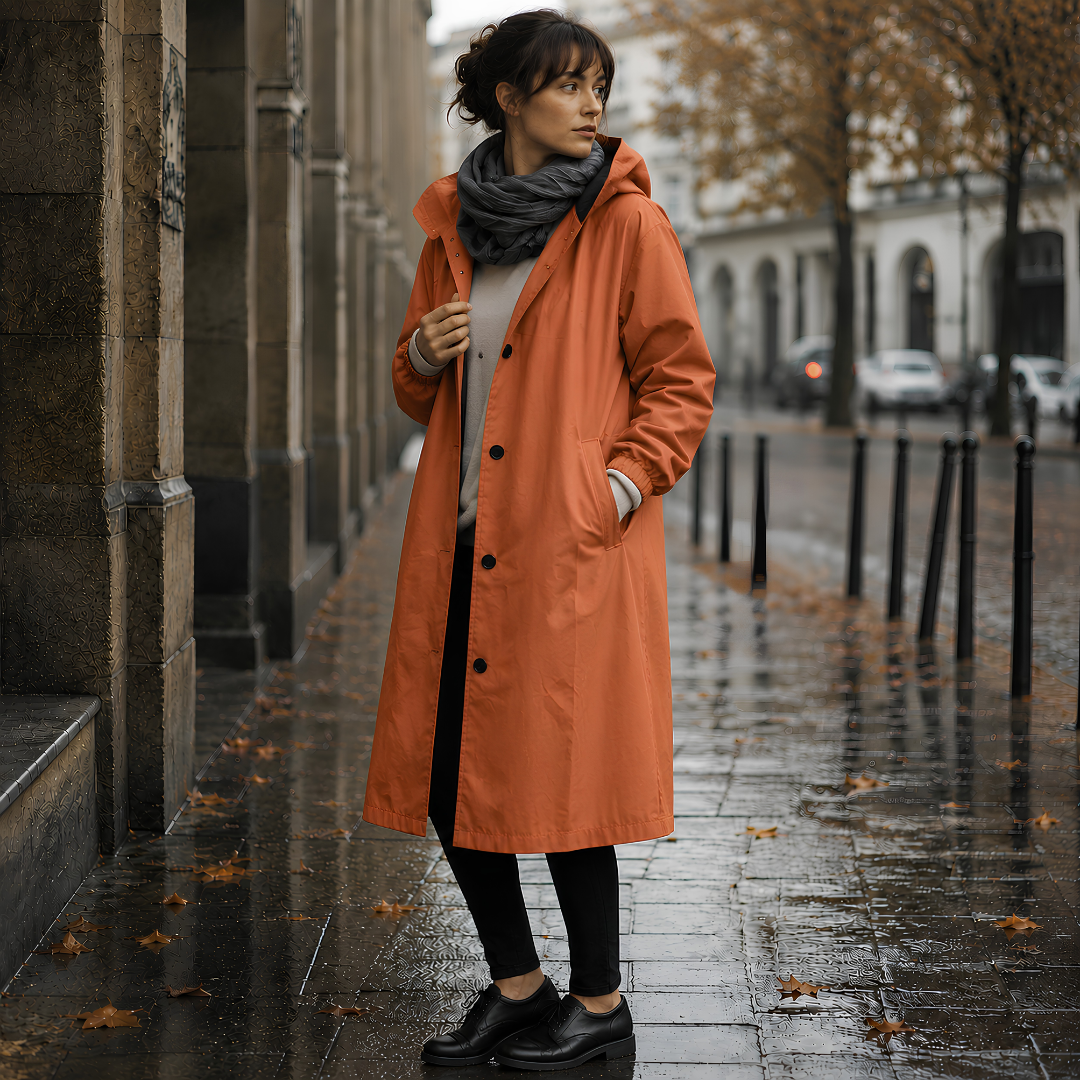Parka donna terracotta lungo con cappuccio e bottoni neri a vista