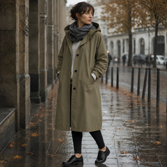 Parka donna verde militare lungo con cappuccio e bottoni scuri sul davanti