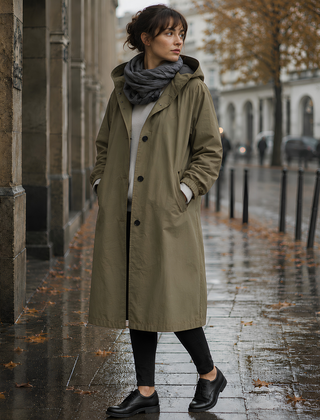 Parka donna verde militare lungo con cappuccio e bottoni scuri sul davanti